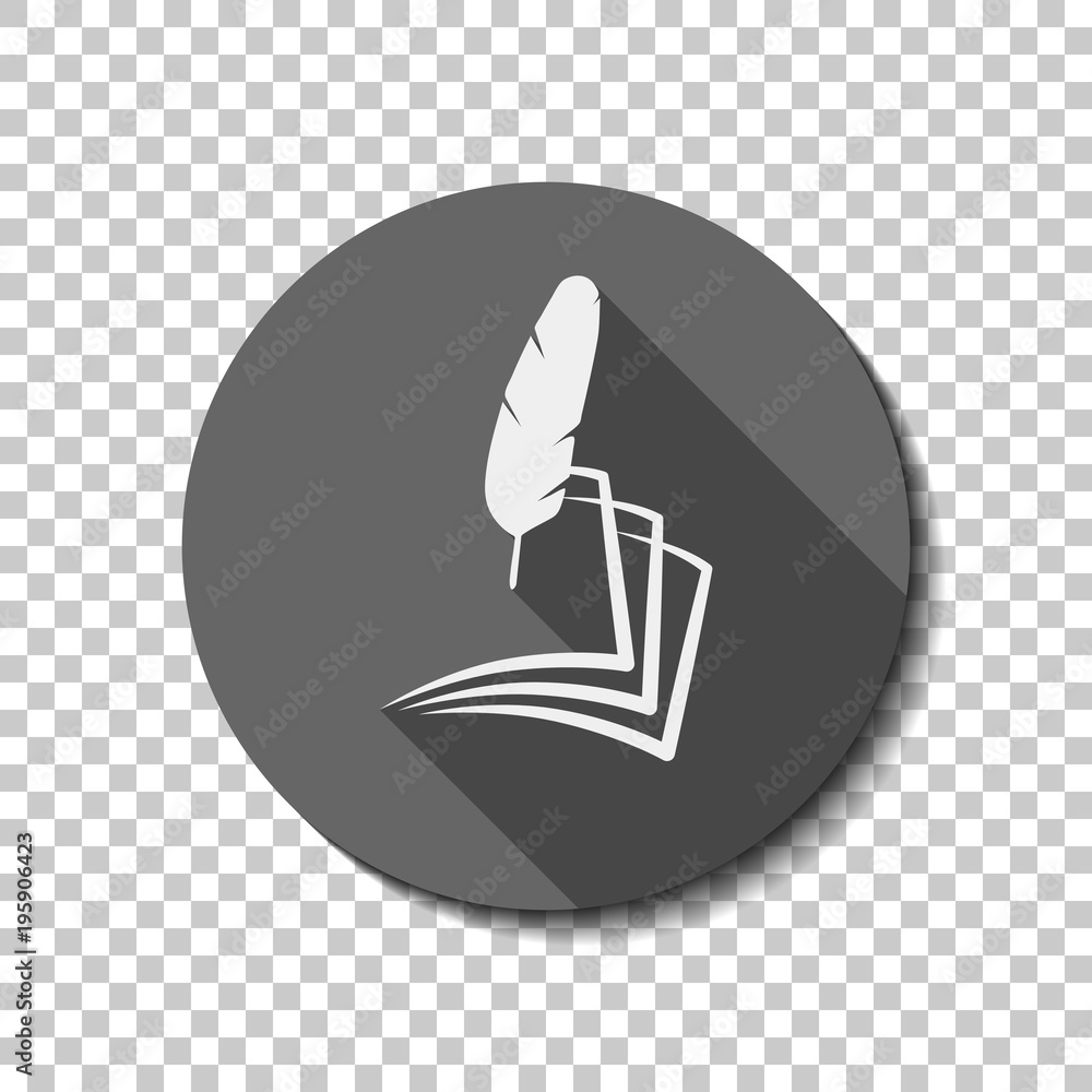 Poster feather and paper. simple silhouette. white flat icon with long shadow in circle on transparent back