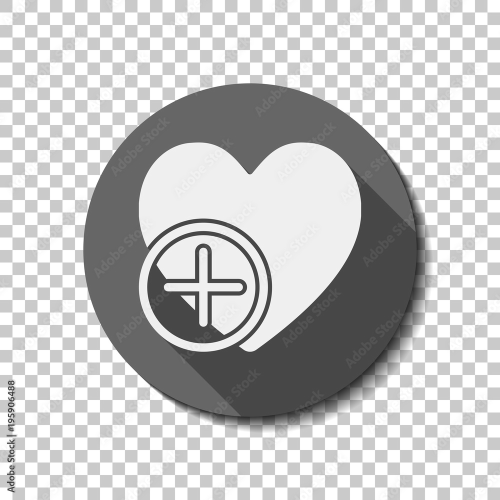 Poster heart and plus. simple silhouette. white flat icon with long shadow in circle on transparent backgro