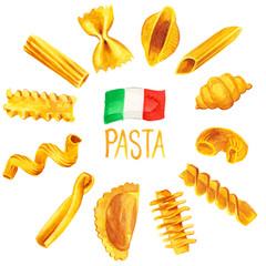 Italienische Pasta-Essen-Set-Aquarell-Illustration mit Flagge Italiens einschließlich Penne, Fusili, Bogen und Muschel