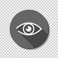 simple eye icon. White flat icon with long shadow in circle on transparent background