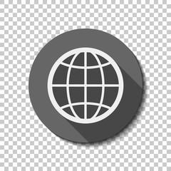 globe, planet. simple silhouette. White flat icon with long shadow in circle on transparent background