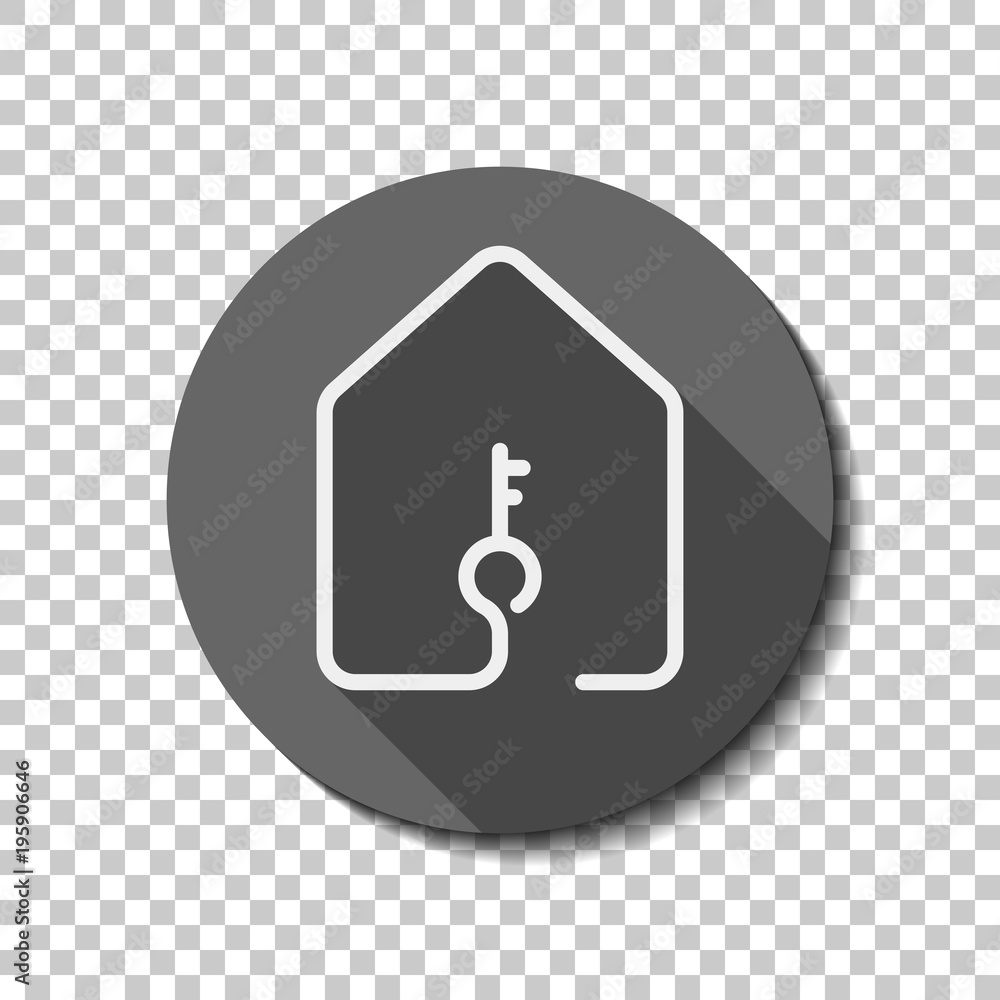 Poster house with key icon. line style. white flat icon with long shadow in circle on transparent backgroun