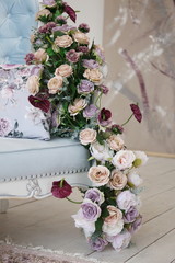beautiful, blue, sofa, bouquet, pink, lilac, violet, roses