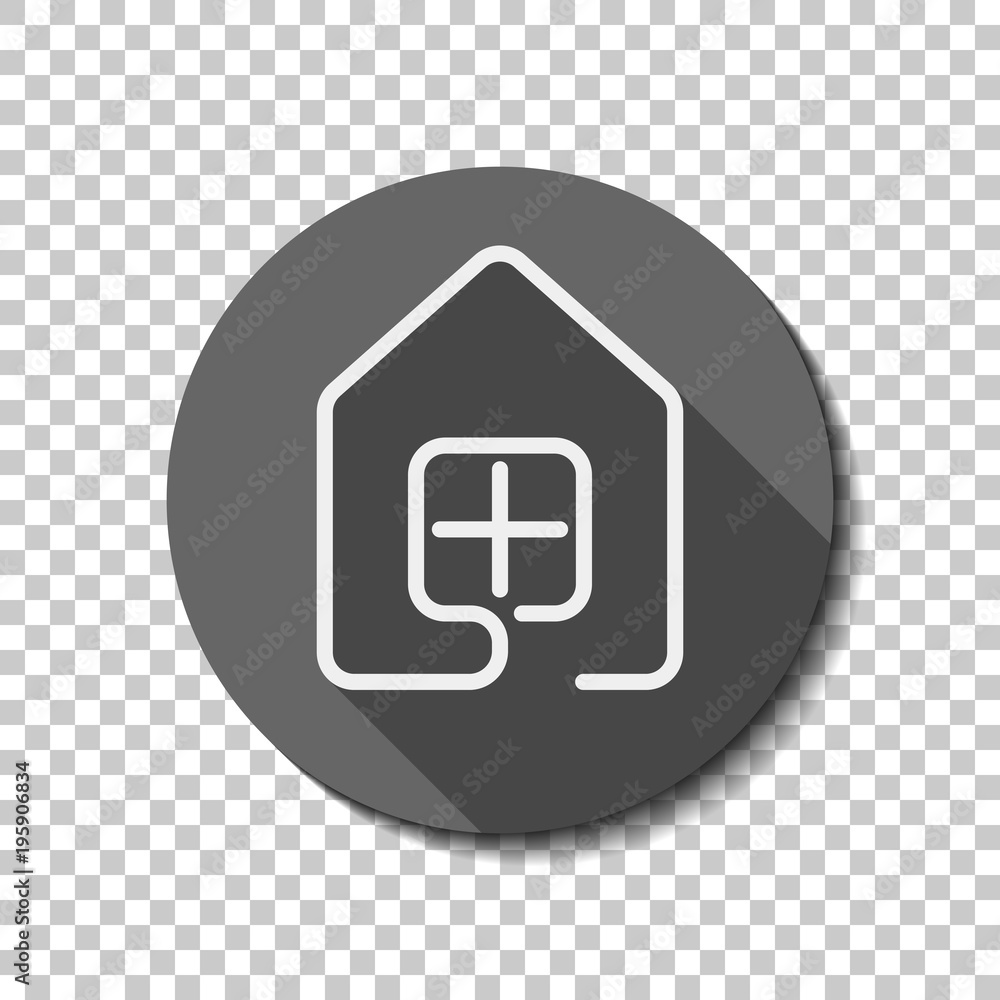 Poster house with window icon. line style. white flat icon with long shadow in circle on transparent backgr