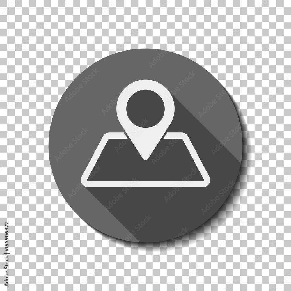 Poster label on map. simple silhouette. white flat icon with long shadow in circle on transparent backgroun