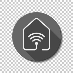 house with wifi icon. line style. White flat icon with long shadow in circle on transparent background