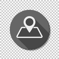 label on map. simple silhouette. White flat icon with long shadow in circle on transparent background