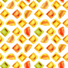 Watercolor illustration of pasta ravioli pattern set