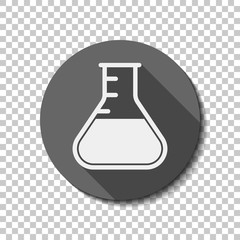 Medical test tube. simple silhouette. White flat icon with long shadow in circle on transparent background