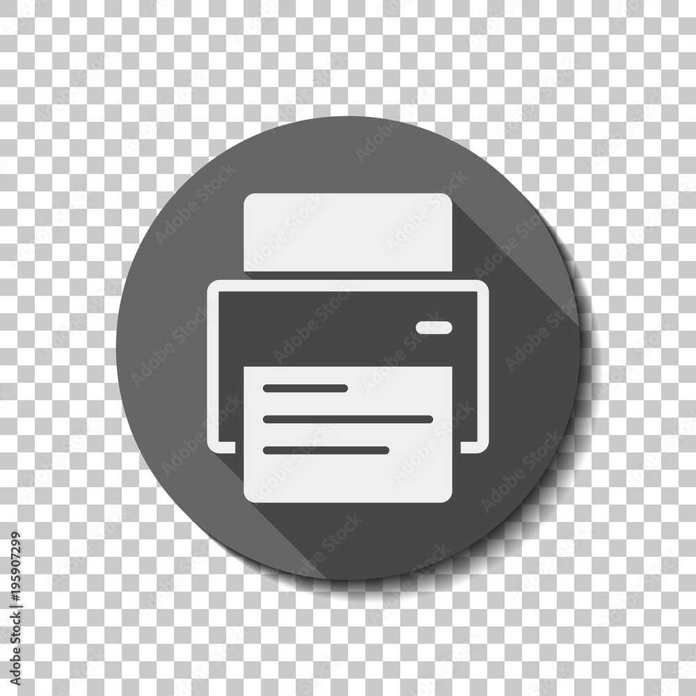 Poster printer and paper. white flat icon with long shadow in circle on transparent background