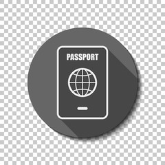 passport, simple icon. White flat icon with long shadow in circle on transparent background
