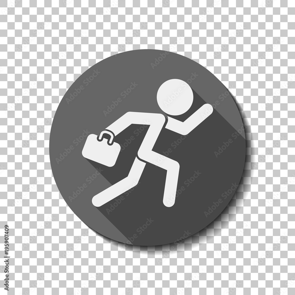 Poster running man with case. white flat icon with long shadow in circle on transparent background