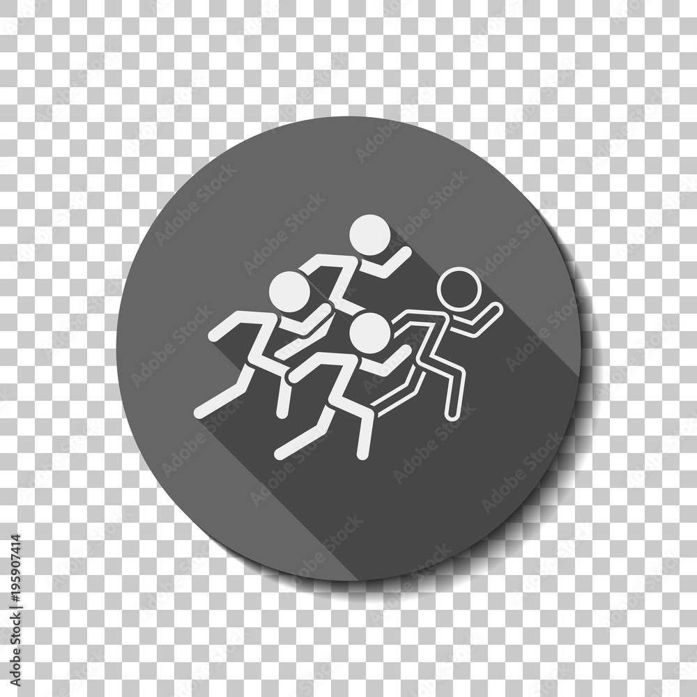 Poster running people. team with leader. white flat icon with long shadow in circle on transparent backgrou