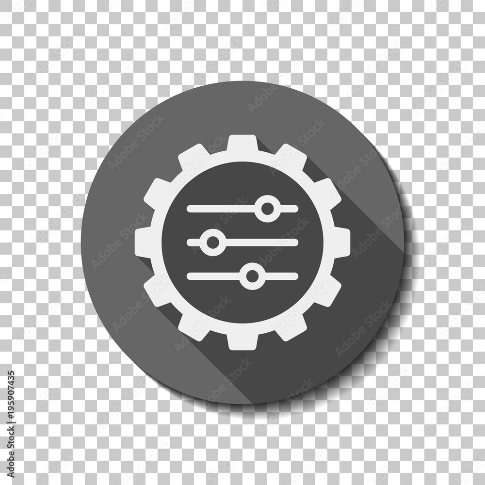 Poster setting icon in gear. white flat icon with long shadow in circle on transparent background