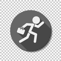 running man with case. White flat icon with long shadow in circle on transparent background