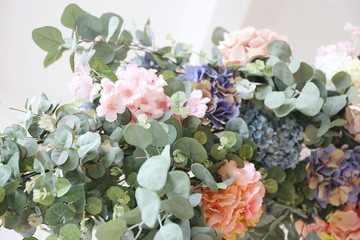  a bouquet pf hydrangea and eucalyptus leaves.  hello summer spring march april may