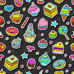 Vector doodle seamless pattern with bake and sweets. Can be used for textile, website background, book cover, packaging.