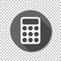 simple calculator icon. White flat icon with long shadow in circle on transparent background