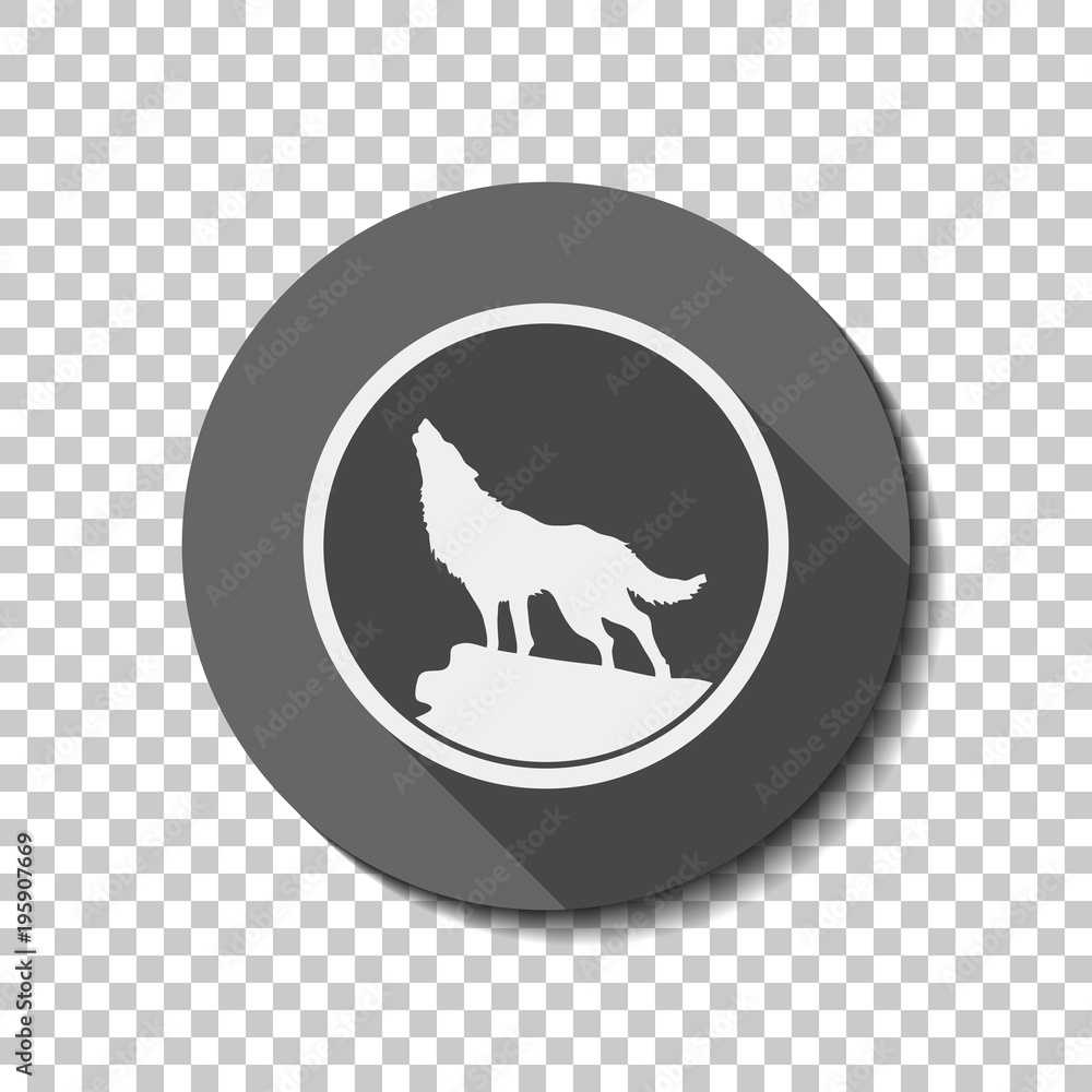 Poster wolf. simple icon. white flat icon with long shadow in circle on transparent background