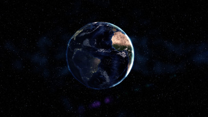 Planet Earth in black and blue Universe of stars. Milky Way in the background. Day and night city lights changes. Africa and Asia zone. 3D Animation. Elements of this image furnished by NASA
