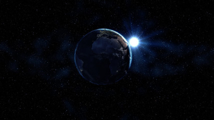 Obraz na płótnie Canvas Sunrise view from space on Planet Earth. South America zone. World in black Universe in stars. High detailed 3D Render animation. Realistic world globe. Elements of this image furnished by NASA