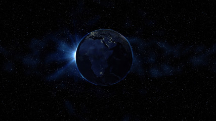 Obraz na płótnie Canvas Planet Earth in black and blue Universe of stars. Milky Way in the background. Day and night city lights changes. Africa and Europe zone. 3D Animation. Elements of this image furnished by NASA