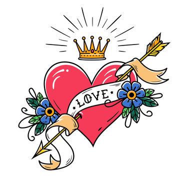 Tattoo heart pierced by gold arrow with ribbon , flowers and radiant gold crown. Old school tattoo.