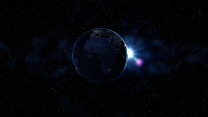 Planet Earth in black and blue Universe of stars. Milky Way in the background. Day and night city lights changes. North and South America zone. 3D Animation. Elements of this image furnished by NASA