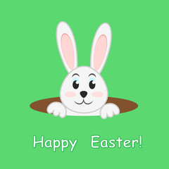 Easter rabbit in hole on green background, greeting Happy Easter card,stock vector illustration