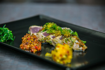 Detail on special designe for food on a wooden board.Food detail