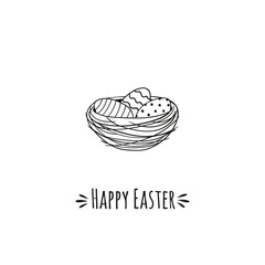 Cozy nest with Easter eggs and inscription Happy Easter. Black and white vector illustration.