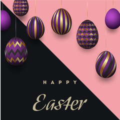 Happy Easter background with realistic golden decorated eggs and cute doodles. Greeting card trendy design. Invitation template Vector illustration for you poster or flyer.
