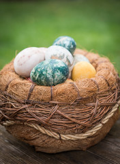 Close up of colorful Easter eggs in basket