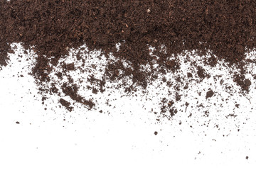 Fototapeta na wymiar Pile heap of soil isolated on white background with copy space for your text. Top view