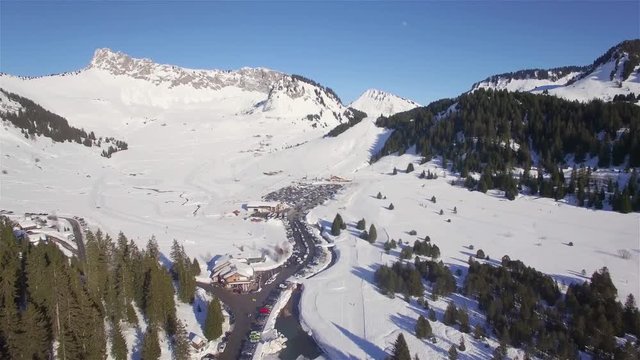 4K aerial view of praz de lys ski station in the French Alps in France 
