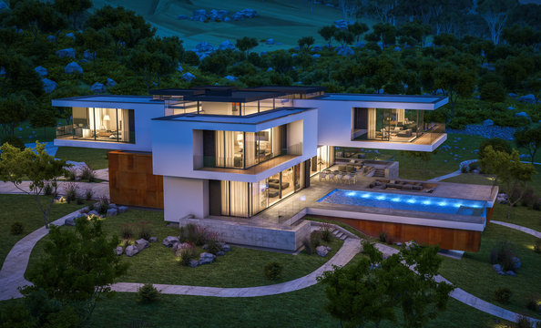 3d rendering of modern house by the river at night