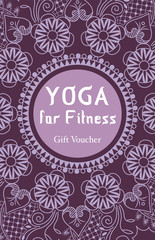 Gift certificate for attending yoga classes for fitness. The inscription in the circle, decorated with flowers and decorative elements on a purple background. 