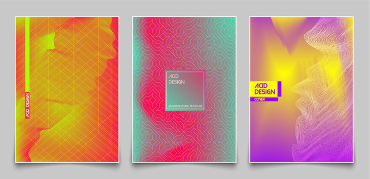 Cover design template set. Abstract fluorescent color and lines, modern gradient style background. For presentation, brochure, catalog, poster, book, magazine, annual report. Vector Illustration.