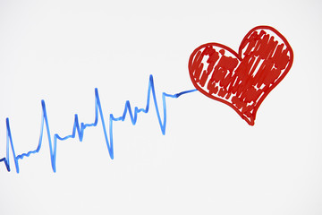 Cardiogram pulse trace and red heart concept for cardiovascular medical exam on a white background with copy space, top view. Healthcare concept