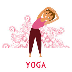 Girl doing yoga on the background of red mandala. One of the poses of a set of exercises. An isolated figure. Vector.