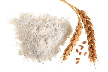 ears of wheat and pile of flour isolated on white background. Top view. Flat lay