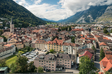 aerial view of historic houses in Chur town, canton of Graubunden, Switzerland