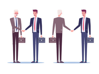 Two businessmen standing and shaking hands as a sign of cooperation, partnership or agreement. Boss and employee handshake front and rear view vector flat illustration.