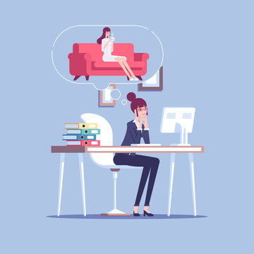 Tired businesswoman working at the table and thinking to relax at home on the sofa with a cup of coffee. Female office employee overloaded at work and dream about the rest vector flat illustration