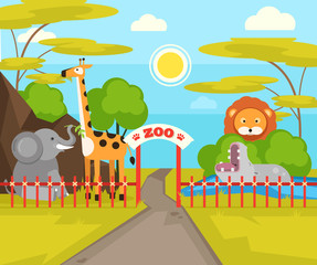 Zoo park with wild animals. Vector flat cartoon illustration