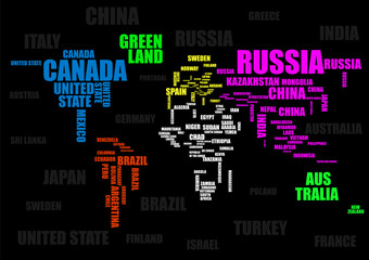 Typography colorful world map with country names. Vector