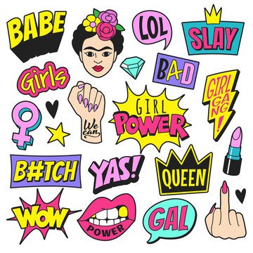 Girl power patches collection. Vector illustration of feminist symbols and slang words in trendy doodle style. Isolated on white