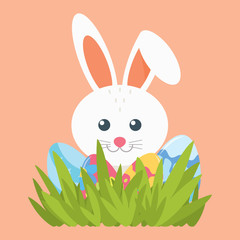 Rabbit and four Easter eggs in the grass. Element for design. Vector.
