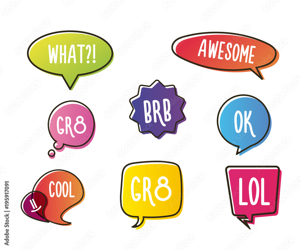 Poster vivid color speech bubbles set with short messages. talking and communication vector illustrations.