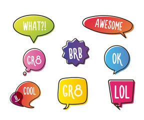Vivid color speech bubbles set with short messages. Talking and communication vector illustrations.